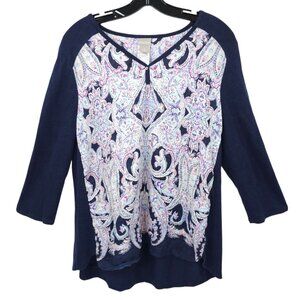 Chicos Pullover Top Womens 2 US  L Paisley Linen 3/4 Sleeve V Neck High Low